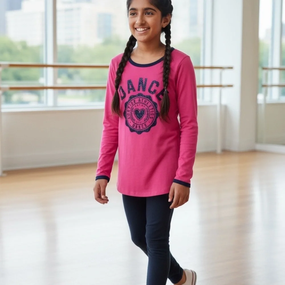 Justice Kids Long Sleeve Pink and Black Dance Tee